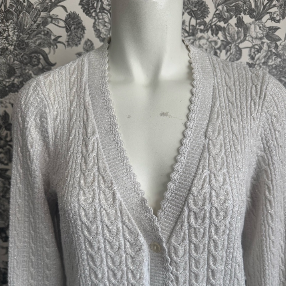 Eddie Bauer Ivory Cable Knit Cardigan Metallic Gold Thread Accents Size Medium - Picture 4 of 14